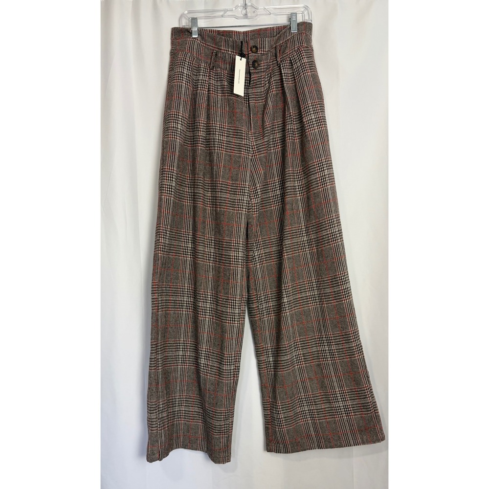 Commense XL Brown Red Plaid Wide Leg Trousers High Waisted Pleated Pants NWT
